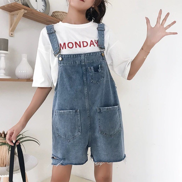 (Order-ảnh thật) có bigsize Quần yếm jeans lửng rách đùi phối 2 túi ullzang 2019