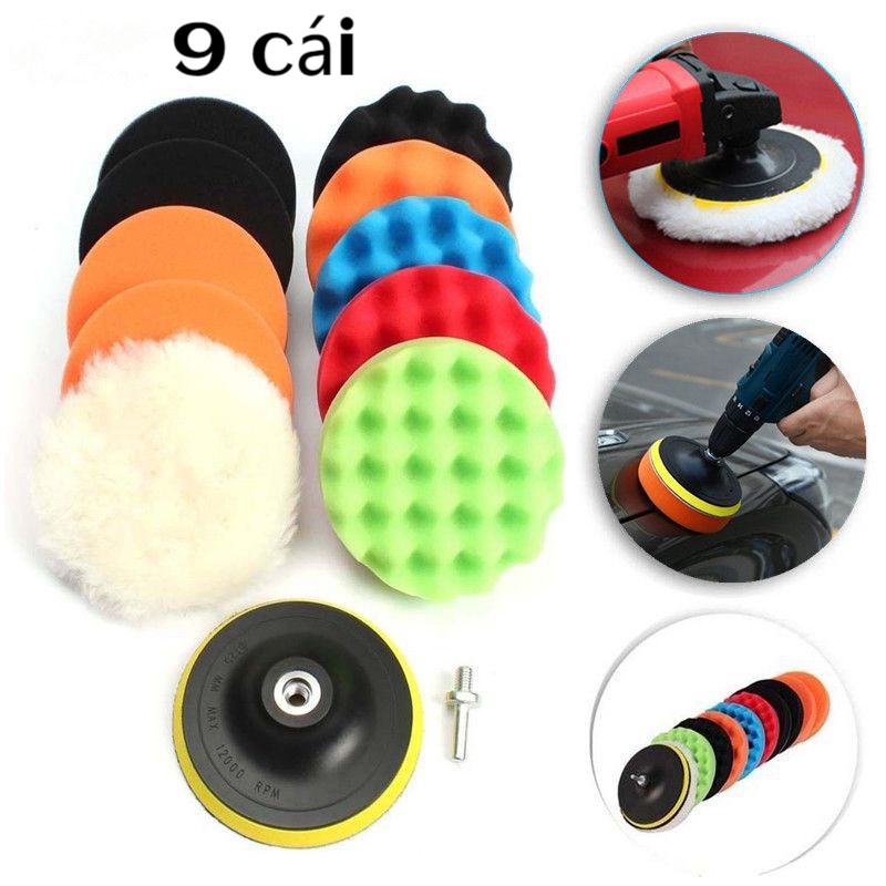 [1 Bộ 9 món ]5 inch Bộ phớt sáp đánh bóng gắn máy khoan điện xe máy ô tô - Miếng mút đánh bóng xe-【SK-QC-QJS04-1】