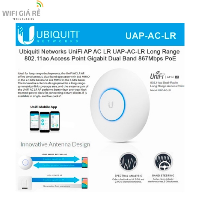 Thiết bị phát WiFi Ubiquiti UniFi AP-AC-LR, 2 băng tần, xuyên tường, Full box, mới 100%, bảo hành 2 năm, hàng chính hãng