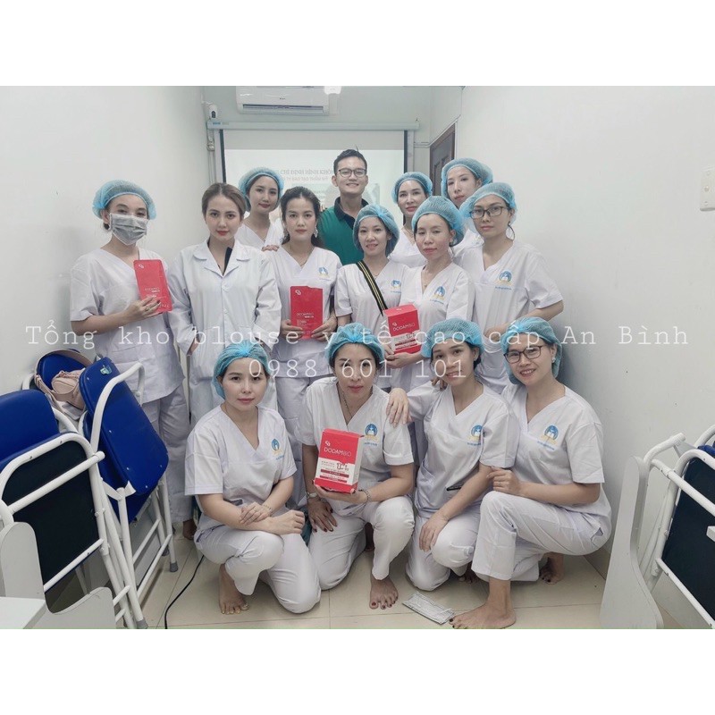 Bộ blouse cổ tim, phẫu thuật, bác sĩ, spa, dược sĩ MÀU TRẮNG