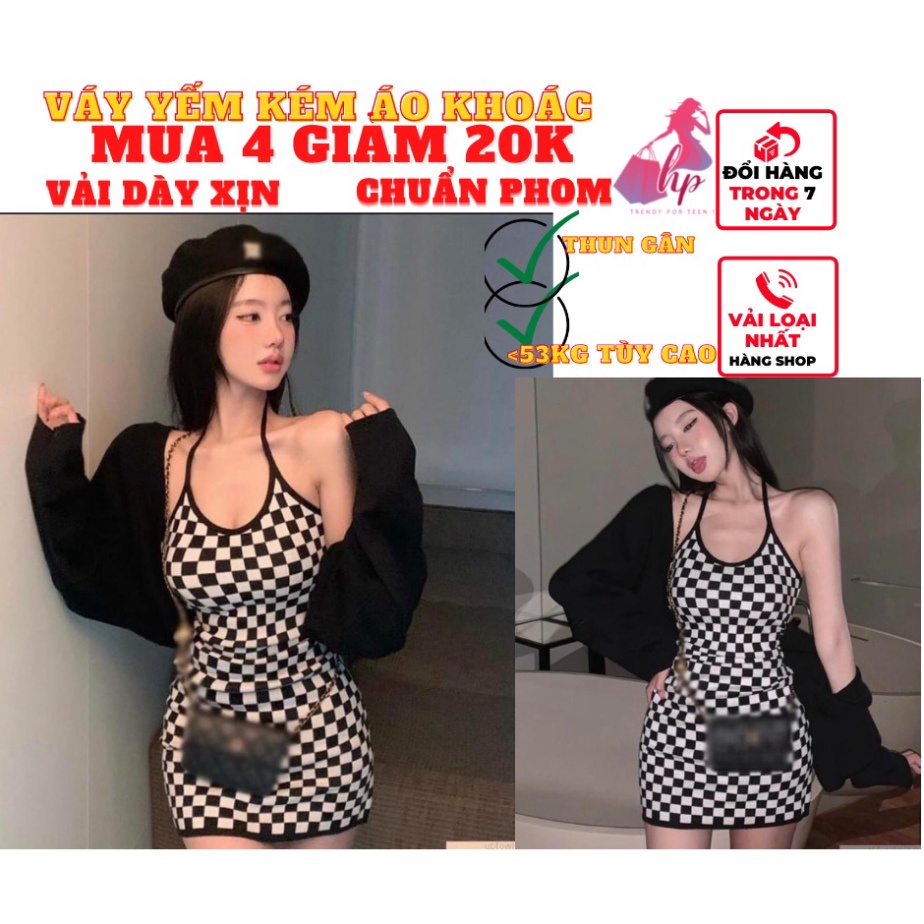 Set đồ nữ sang chảnh váy caro body yếm kèm áo khoác ngoài kiểu hàn quốc thời trang VD133 -HP