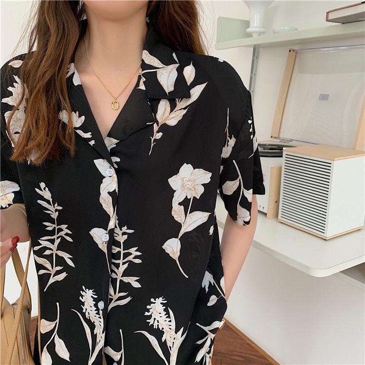 Áo Sơ Mi Chiffon Tay Ngắn Dáng Rộng In Họa Tiết Tranh Sơn Dầu Kiểu Hồng Kông Mới Cho Nữ