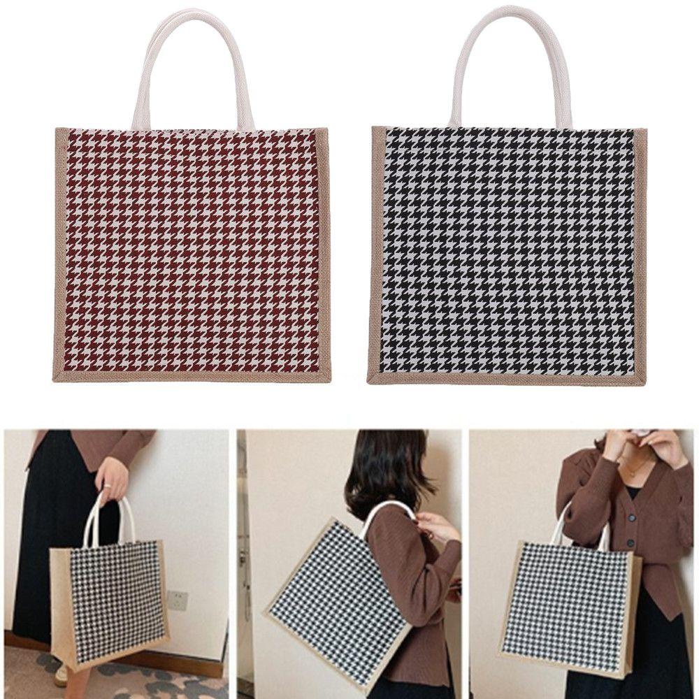 ♫DAPHNE♫ New Fashion Women Crossbody Waterproof Jute Retro Shoulder Tote Bag Beach Luxury Canvas Burlap Shopping Large Capacity Grid Linen Handbags/Multicolor