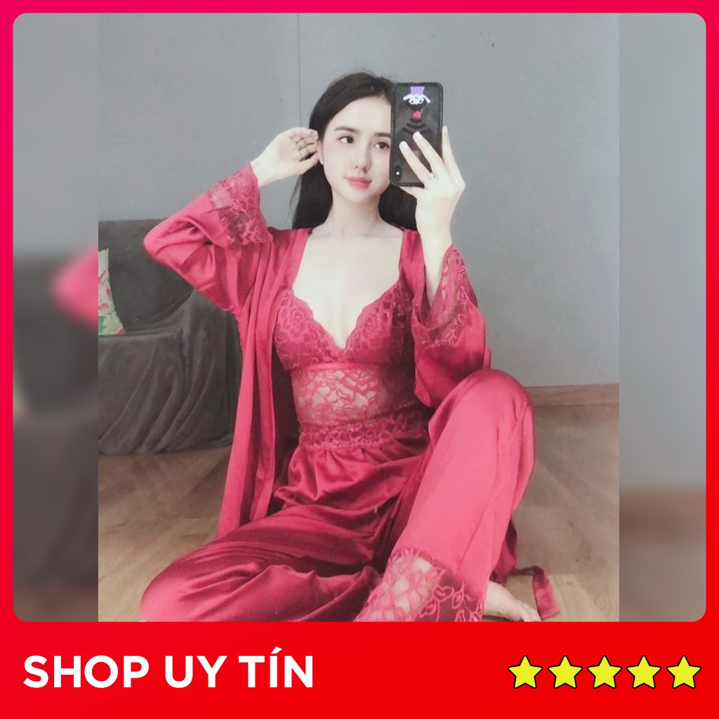 Set 3 Món Đồ Ngủ Nữ 2 Dây, Phối Ren Có Mút Ngực, Có Áo Khoác Ngoài, Lụa Satin Cao Cấp, Đồ Bộ Nữ, Đồ Ngủ Nữ