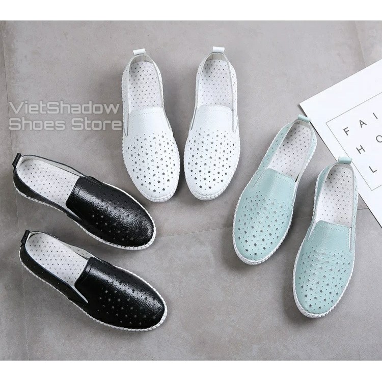 Slip on da nữ - Giày lười da nữ đột lỗ hình ngôi sao, đế khâu - Chất liệu bò 2 màu (đen) và (trắng) - Mã SP 2026N