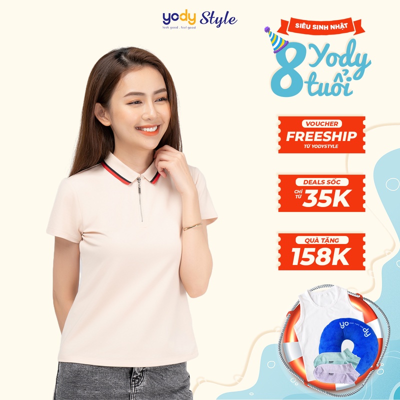 ☃Áo Polo nữ Yody khóa trụ bo kẻ cá tính thoải mái mềm mịn - APN3876