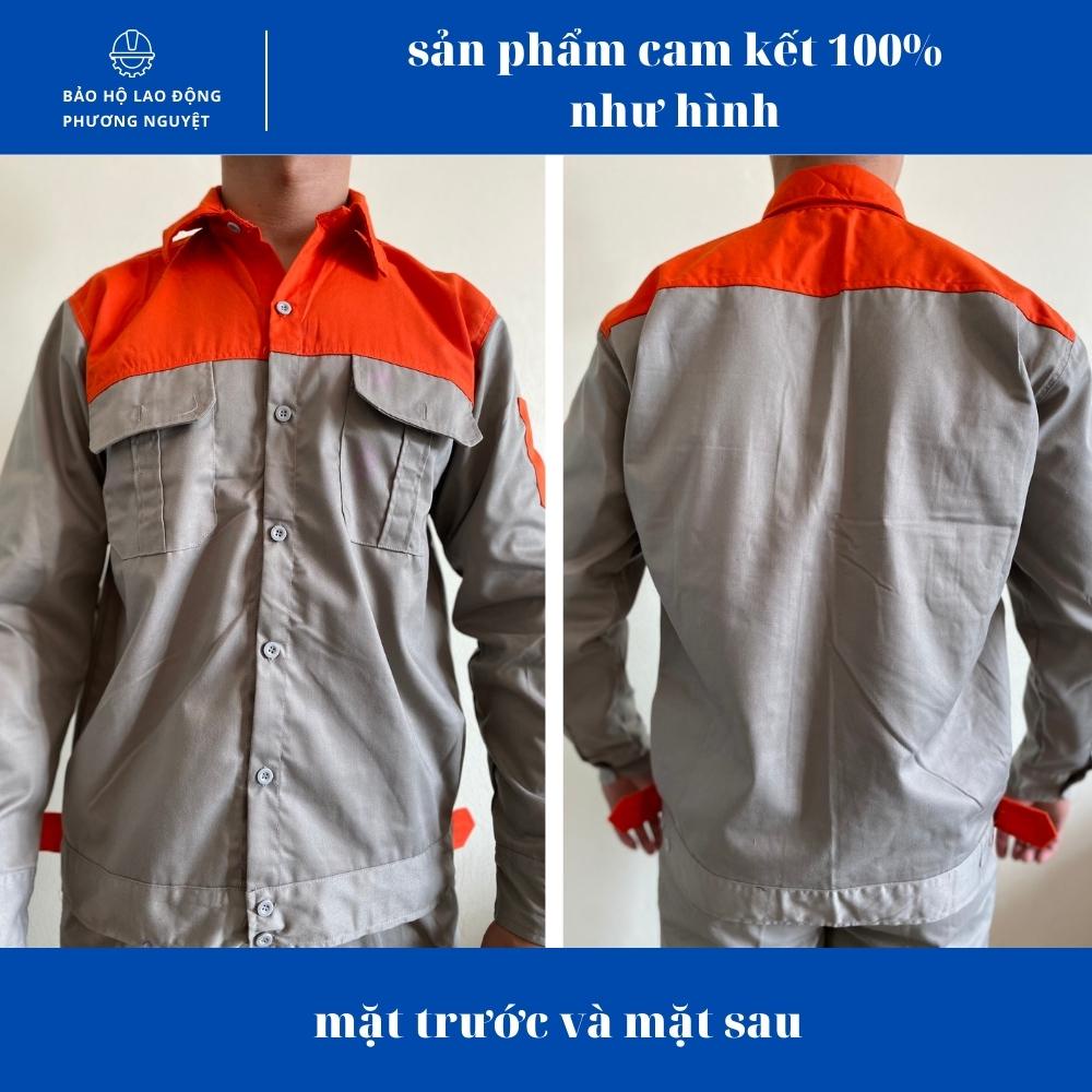Quần áo bảo hộ lao động màu ghi phối cam, quần áo kỹ sư vải kaki 3/1 thoáng mát, không phai, không xù, không dão