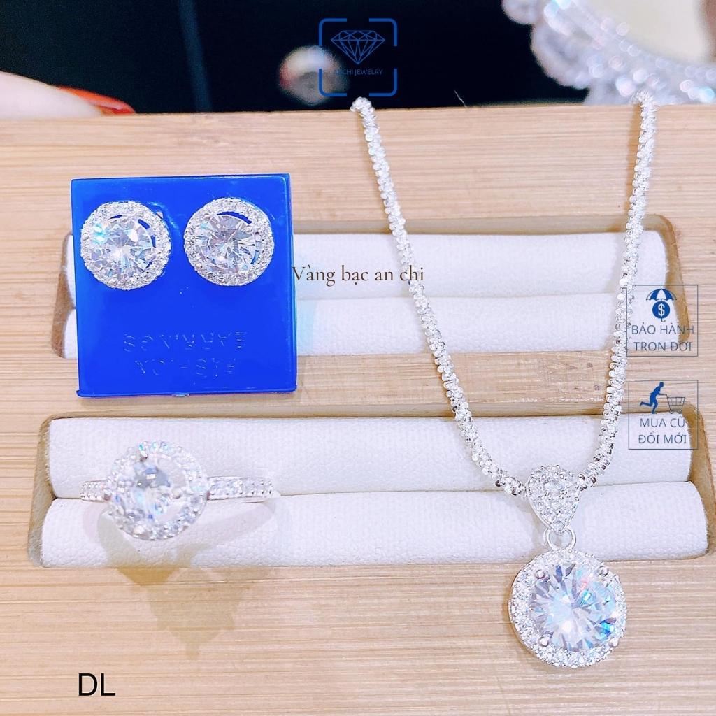 Bộ dây chuyền - bông tai - nhẫn mặt đá tròn, chuẩn bạc ta sáng đẹp không xuống màu, Anchi jewelry