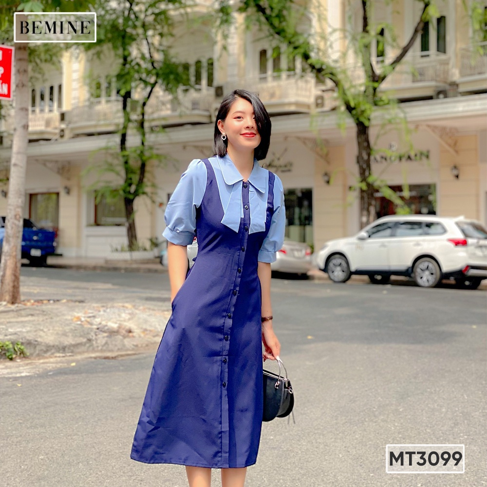 Đầm sơ mi dài qua gối BEMINE dáng suông công sở MT3099XANH ĐEN