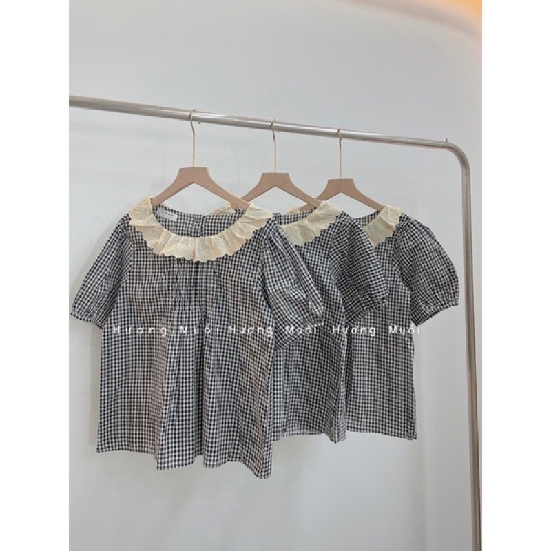 Áo babydoll kẻ cảdo cổ ren-cúc sau-siêu đẹp