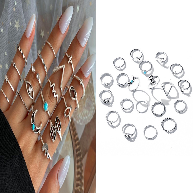 Bộ 20 Nhẫn Đeo Đốt Ngón Tay Đính Đá Ngọc Lam Phong Cách Bohemian