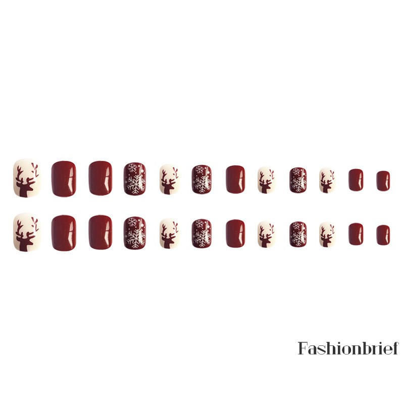Set 24 móng tay giả màu đỏ rượu phong cách Giáng Sinh đáng yêu