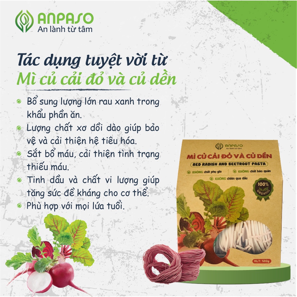 Mì Rau Củ Cải Đỏ và Củ Dền Hữu Cơ Organic  Anpaso, Eat Clean, Giảm Cân, ăn chay, không chiên nóng,120g