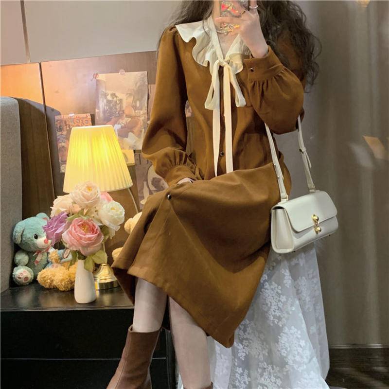 Đầm Dáng Chữ A Cổ Chữ V Phối Bèo Lá Sen Phong Cách Pháp Ngọt Ngào Thời Trang Cho Nữ
