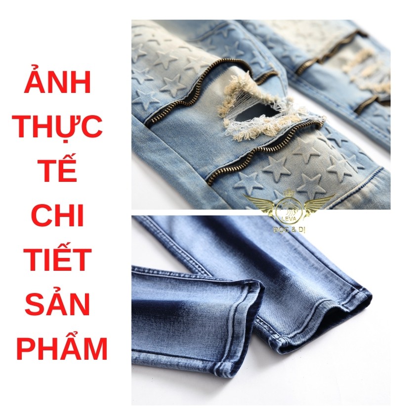 Quần jean nam rách vá gối đẹp độc lạ LEVAMEN chất liệu vải bò jeans co giãn 4 chiều rocker nhăn gối vân hình sao QJ016 | WebRaoVat - webraovat.net.vn