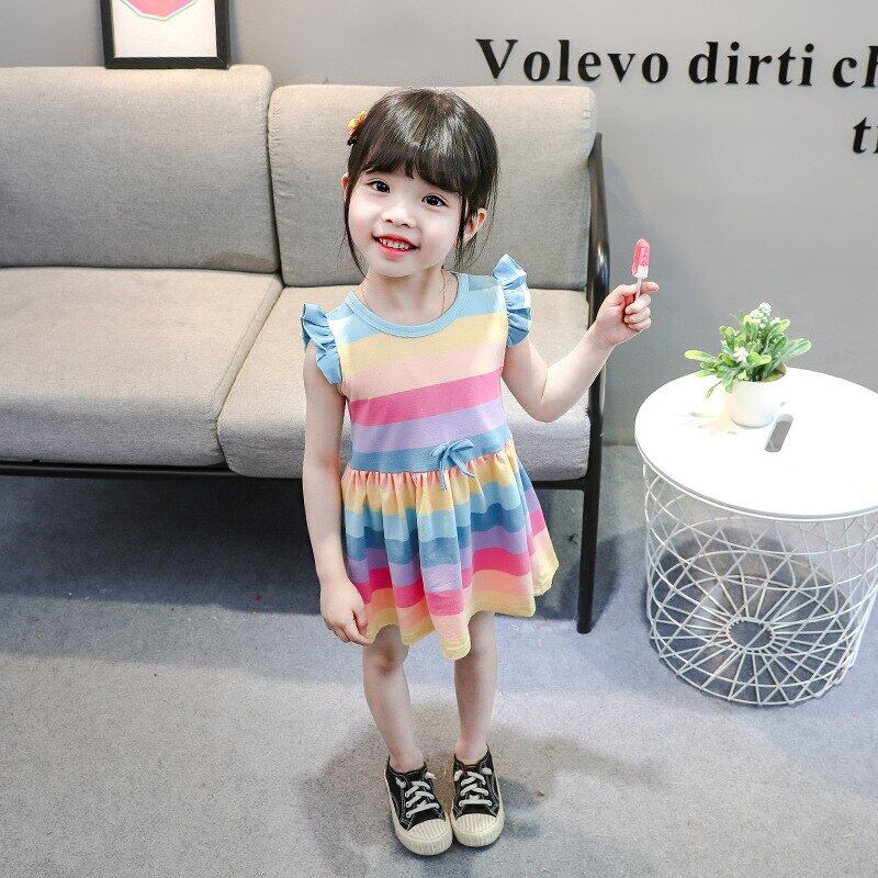 Đầm Công Chúa Mùa Hè Dáng Chữ A Không Tay Dài Ngang Gối Màu Cầu Vồng Cho Bé Gái 3-7 Tuổi