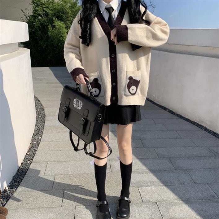 Áo Cardigan Len phối túi gấu cực dễ thương, Áo Khoác Nữ Hottrend