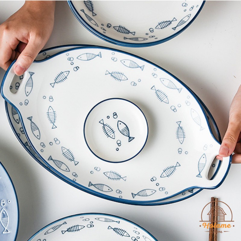 Bát đĩa sứ đẹp họa tiết cá xanh đáng yêu , bát đĩa lẻ Holame