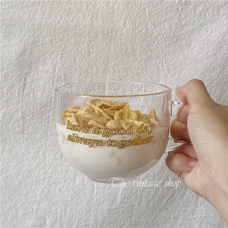 Ly cốc thuỷ tinh tay cầm cổ điển Hàn Quốc bằng chữ cái Tiếng anh cốc sữa chua cốc nước