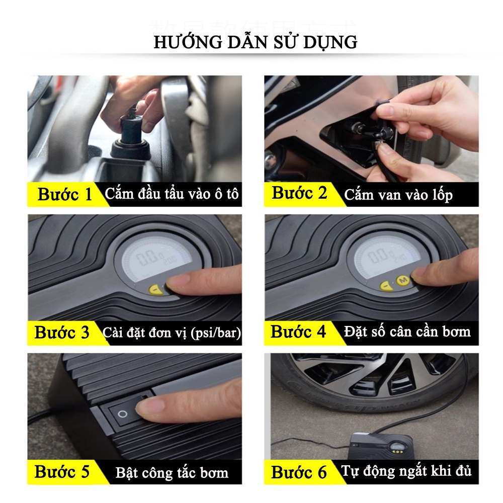 Bơm lốp ô tô 12v STEELMATE,Bơm ô tô 12v công suất 102W tự động ngắt,đèn LED chiếu sáng