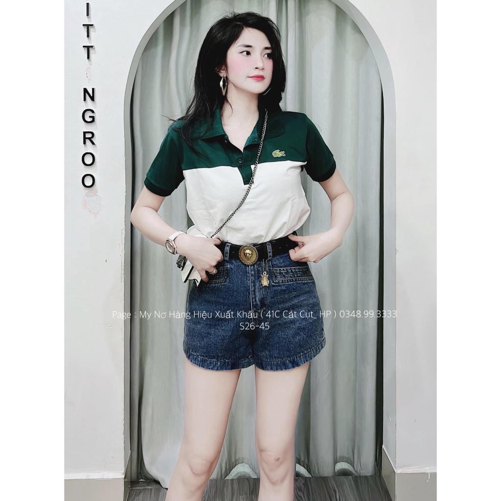 Áo thun nữ polo thêu hình phối màu xanh trắng NN455