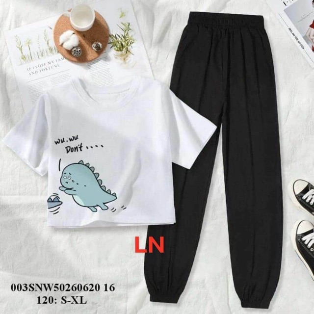 Set áo thun croptop khủng Long + quần bom chun ống | BigBuy360 - bigbuy360.vn