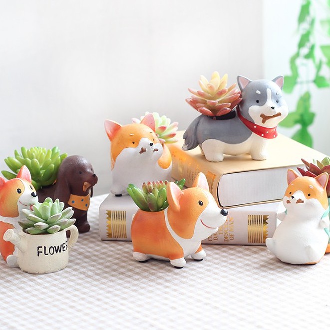 Chậu cây để bàn hình chú chó Corgi