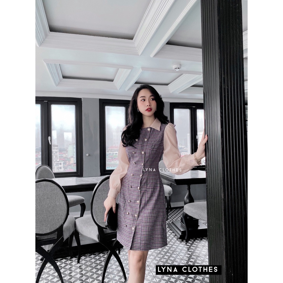 Siêu phẩm váy thiết kế kẻ caro có cổ tay phối vải tơ cao cấp, mặc đi làm công sở, đi chơi, cafe, dạo phố, dự tiệc đều ok | BigBuy360 - bigbuy360.vn