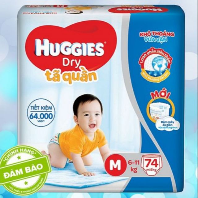 TÃ QUẦN HUGGIES DRY SIÊU ĐẠI SIZE M GÓI 74 MIẾNG CHO BÉ TỪ 6-11 KG