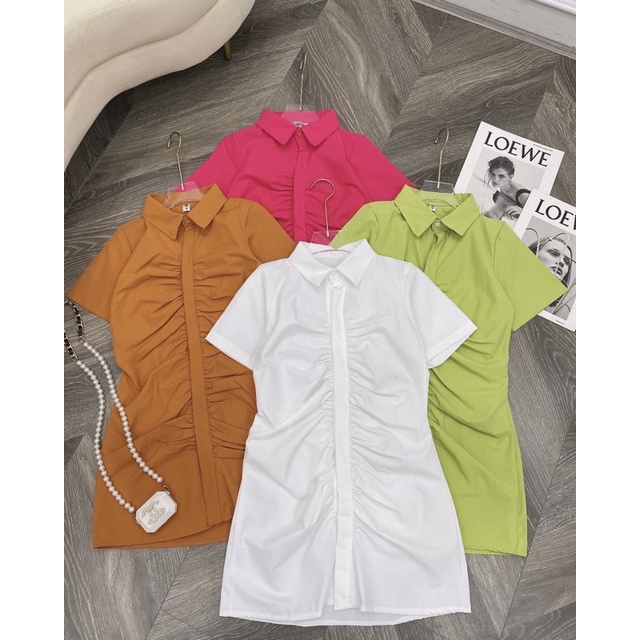 Váy sơmi nhún ❤️Đầm thân nhúng ngắn tay