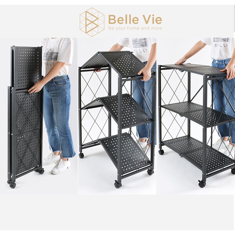 Kệ Sắt Đa Năng 3 Tầng BELLEVIE Kệ Sắt Gấp Gọn Có Bánh Xe Tĩnh Điện Cao Cấp 86Cm x 36Cm x 71Cm