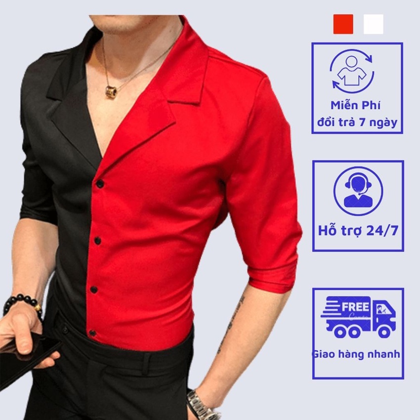 Áo sơ mi, Áo sơ mi nam phối màu đặc biệt Đỏ -ĐEn và Trắng - Đen nam tính lịch lãm, cổ chữ V phong cách hàn Quốc H11