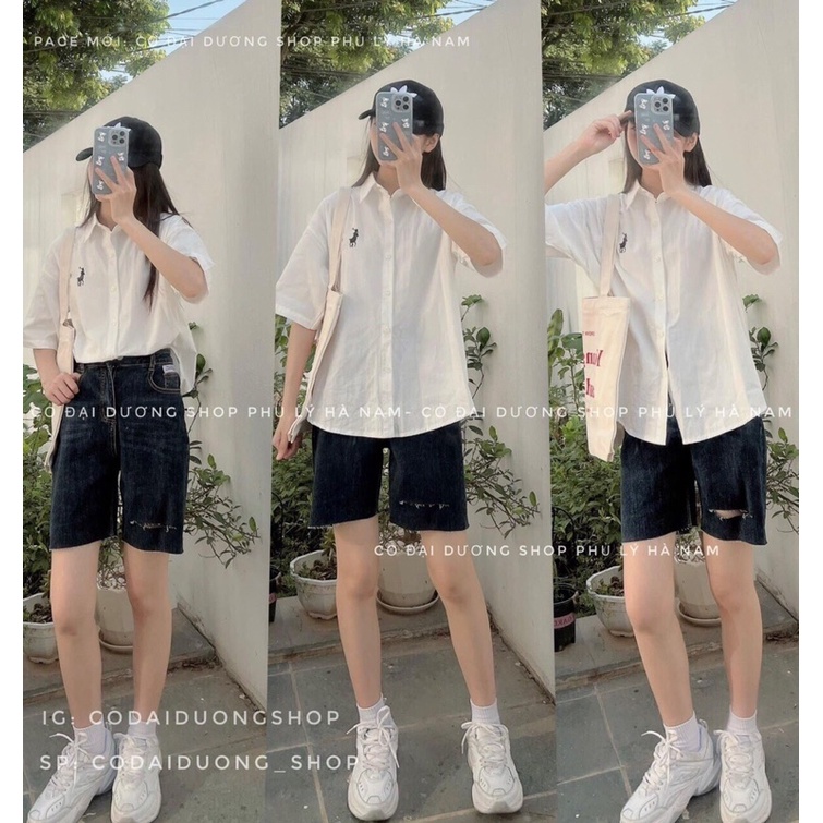 Áo Sơ Mi Tay Lỡ Cổ Bẻ Thêu Logo Form Rộng Unisex Phong Cách Trẻ Trung - Áo Sơ Mi Cổ Đức Đi Học Đi Chơi Hot Trend 2022
