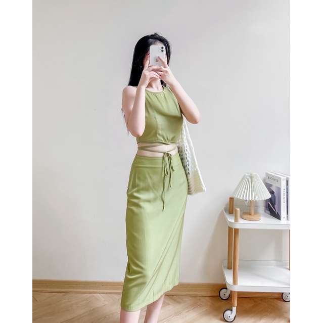 Set váy áo sát nách dây đan bụng+ chân váy dài hàng thiết kế vnd0622b01 by germe