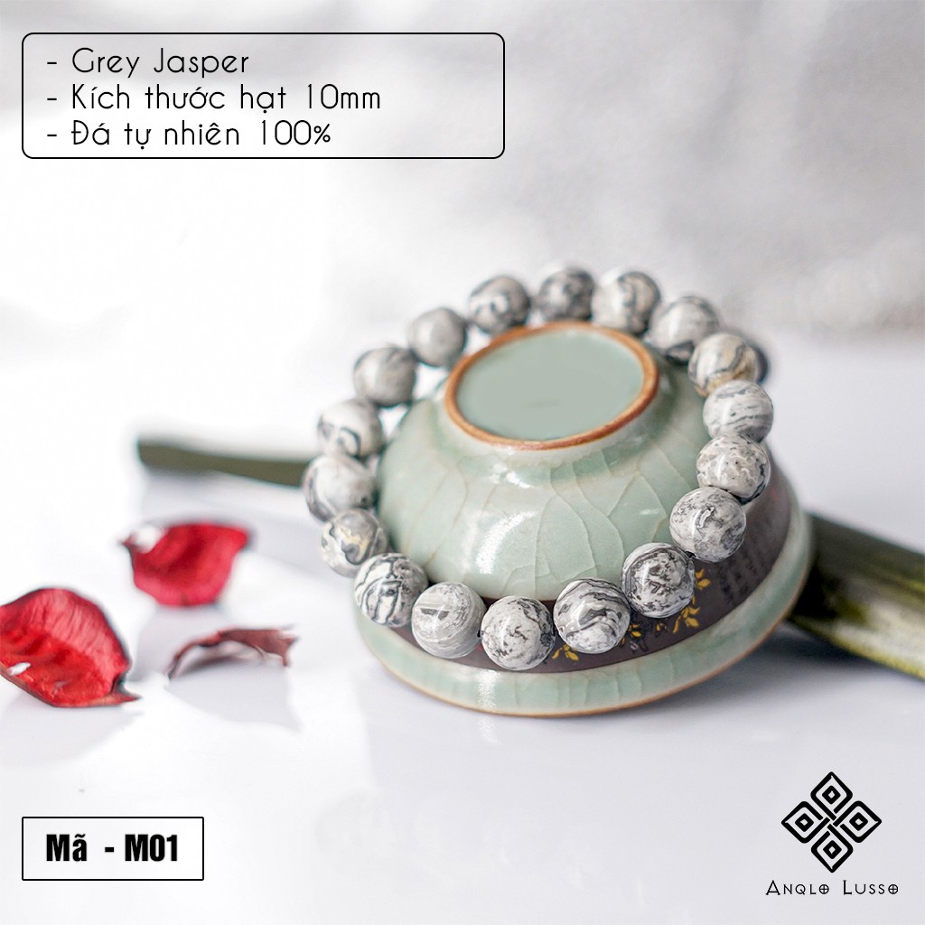 Vòng tay nam - Grey Jasper 10mm - Chế tác tự nhiên - Thương hiệu Anqlo - Vòng tay phong thủy tốt cho sức khỏe