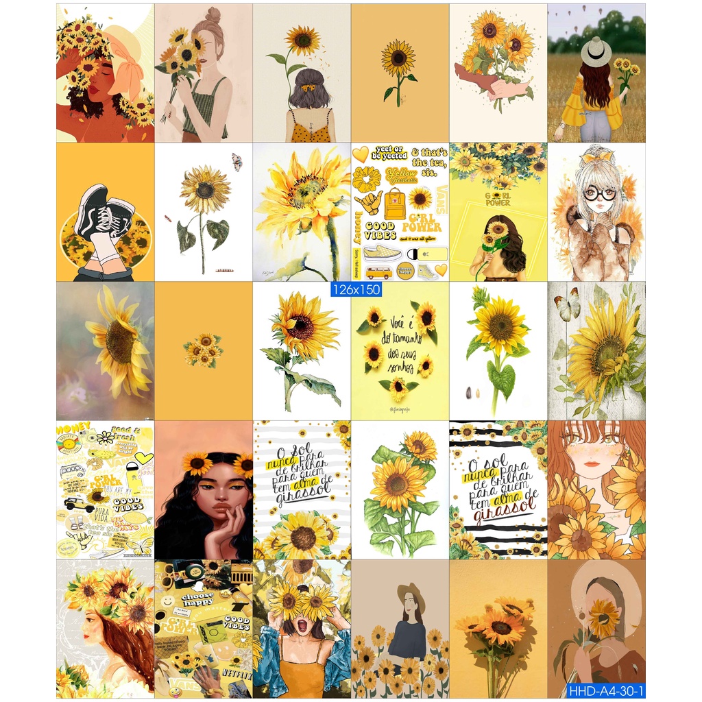 Combo Set 50 tờ Decal dán tường trang trí khổ A4,A5 - chủ đề Hoa hướng dương