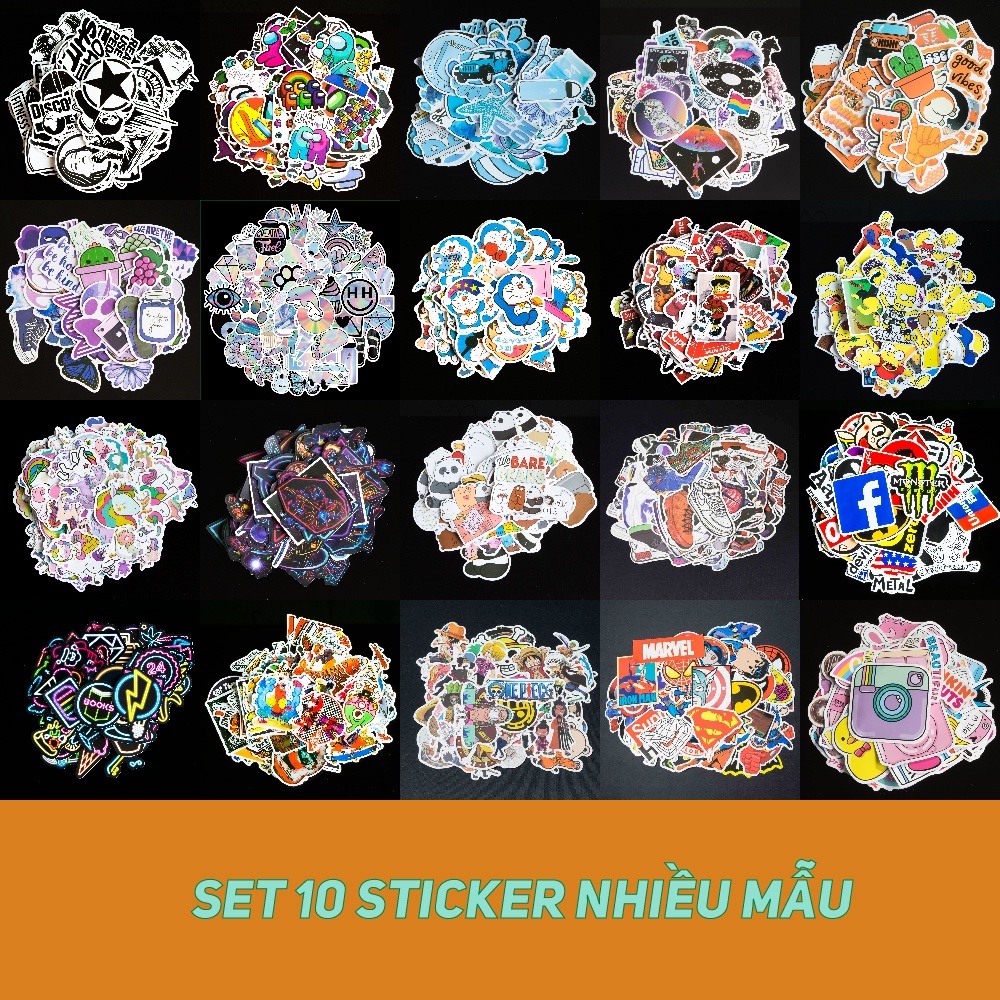 10 miếng Sticker dán vali, nón bảo hiểm, đàn, guitar, ukulele, laptop, điện thoại nhiều kiểu chống nước lâu phai