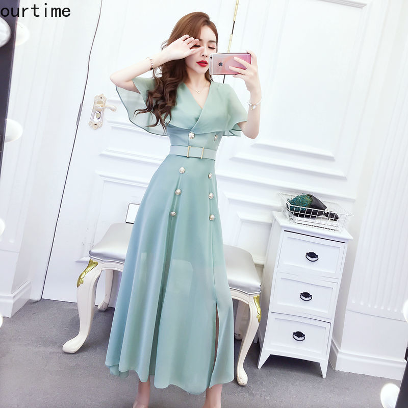 OT Đầm Maxi Vải Chiffon Cổ Chữ V Cài Nút Đôi Thời Trang Mùa Hè Cho Nữ