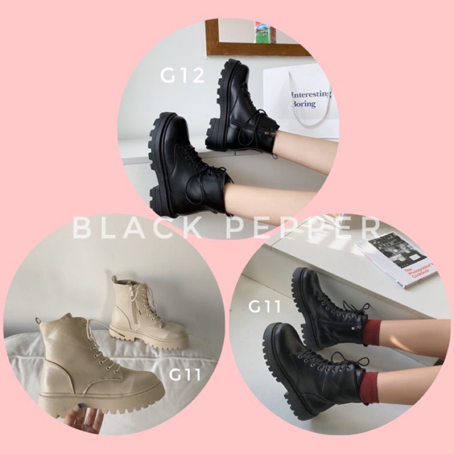 Boots nữ - giày bốt nữ ullzzang cao cổ buộc dây tăng chiều cao 4cm-7cm đế bằng cao gót trắng-đen