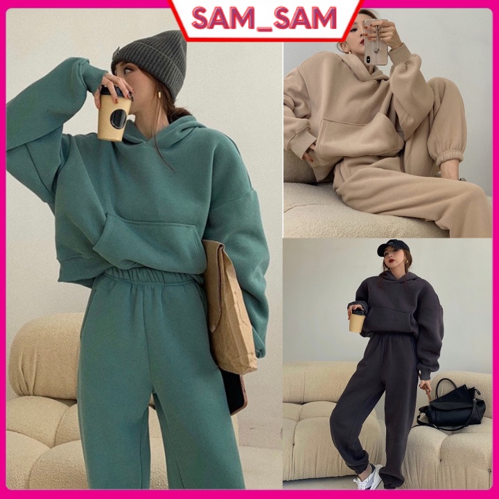 Set Nỉ Unisex - Áo hoodie kèm quần jogger thu đông,chất nỉ cotton - Mũ may có lót bông dày dặn