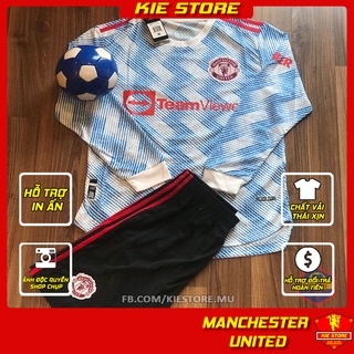  Bộ quần áo bóng đá dài tay Manchester United   Bộ quần áo MU sân khách màu xanh nhạt 2021 vải Thái cao cấp 