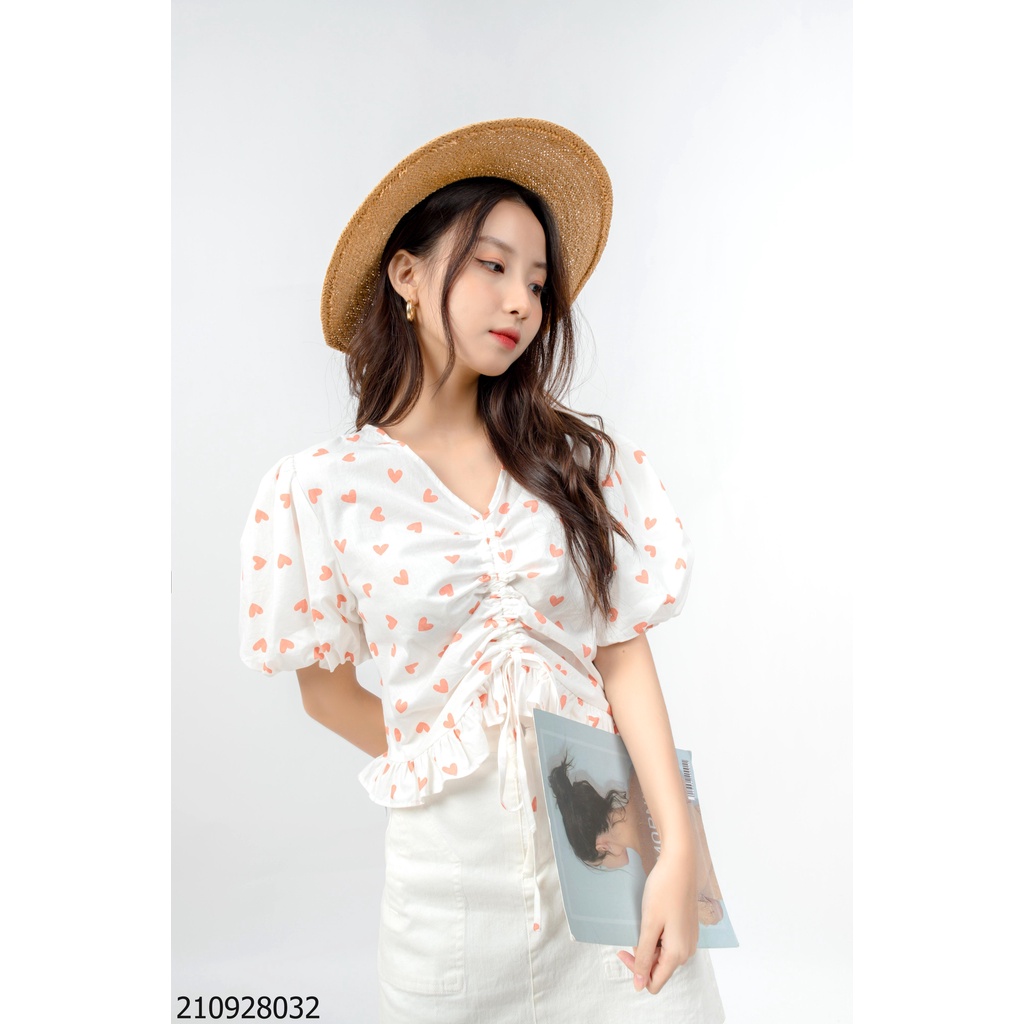 Áo kiểu FM Style, áo họa tiết dây rút ngực, hình tim chấm bi, dễ thương VU0207B