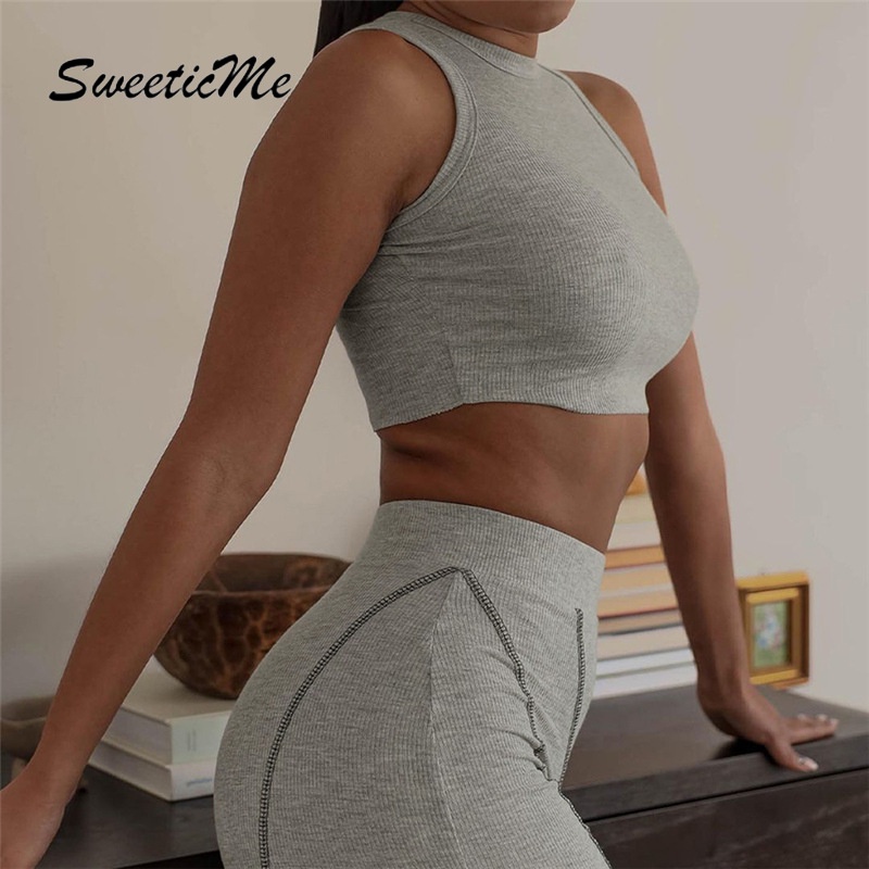 Set Áo Sát Nách Màu Trơn Và Quần Short Lưng Cao Form Ôm SweeticMe 2022