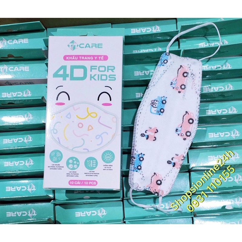 ✅ Hộp 10 cái khẩu trang cho trẻ em kf94 , 4D TTCare hình xe ô tô