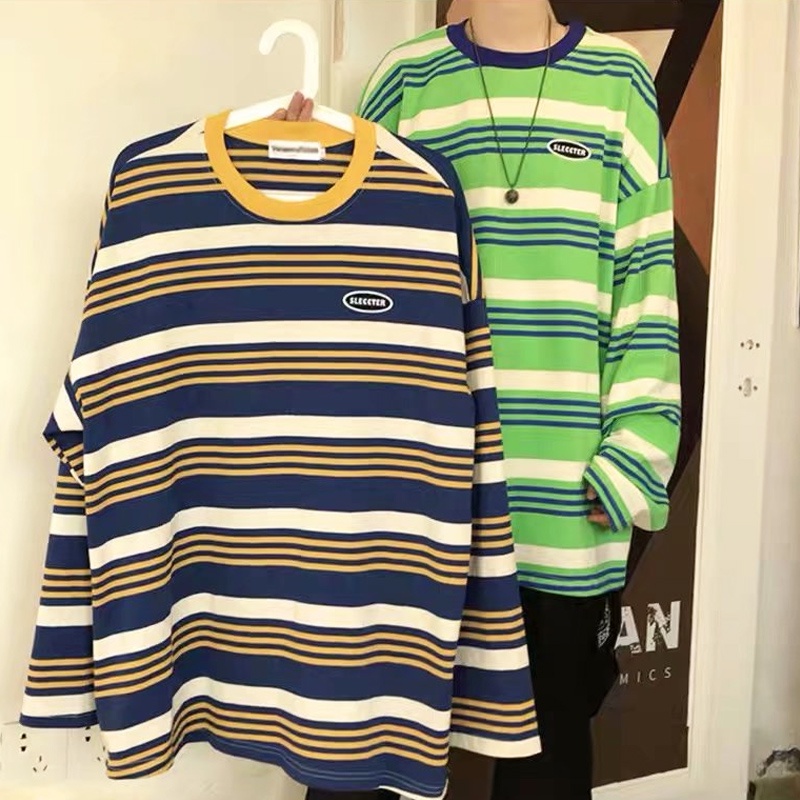 Áo Thun Tay Dài Cổ Tròn Dáng Rộng Kẻ Sọc Ngang Trẻ Trung Phong Cách Retro Hàn Quốc Hợp Thời Trang Cho Nam