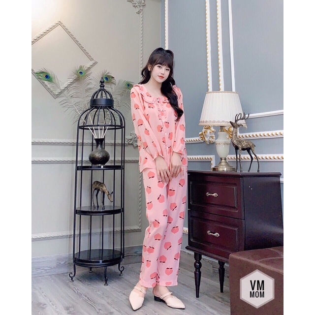 ☾Đồ bộ bà bầu dài tay thu đông mặc nhà chất Lụa Mango kiểu pijama đẹp giá rẻ