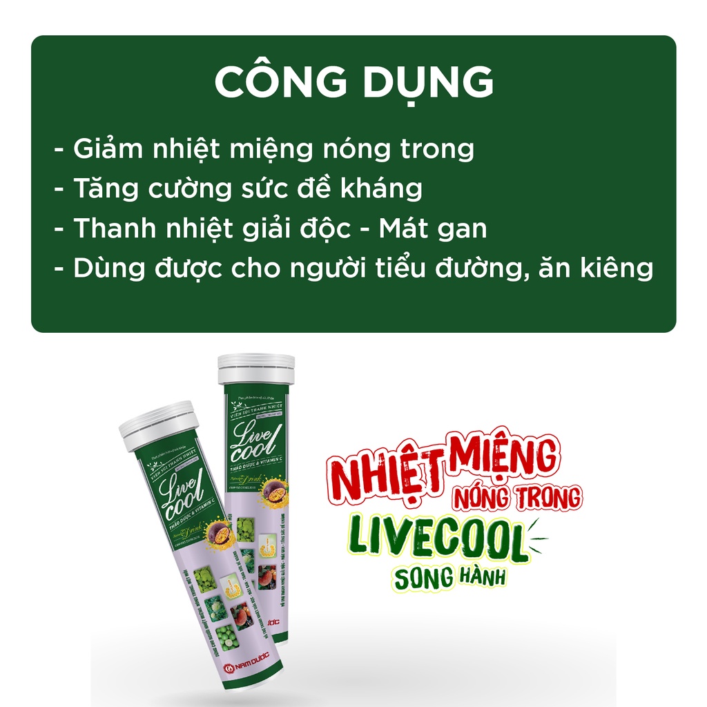 Viên sủi thanh nhiệt Livecool Nam Dược hương chanh dây 16 viên x4g hỗ trợ giảm nhiệt miệng nóng trong, tăng sức đề kháng