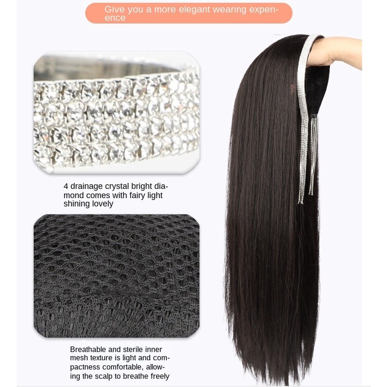 Tóc giả dài thẳng tay lửng phối tua rua pha lê có thể tháo rời cho nữ