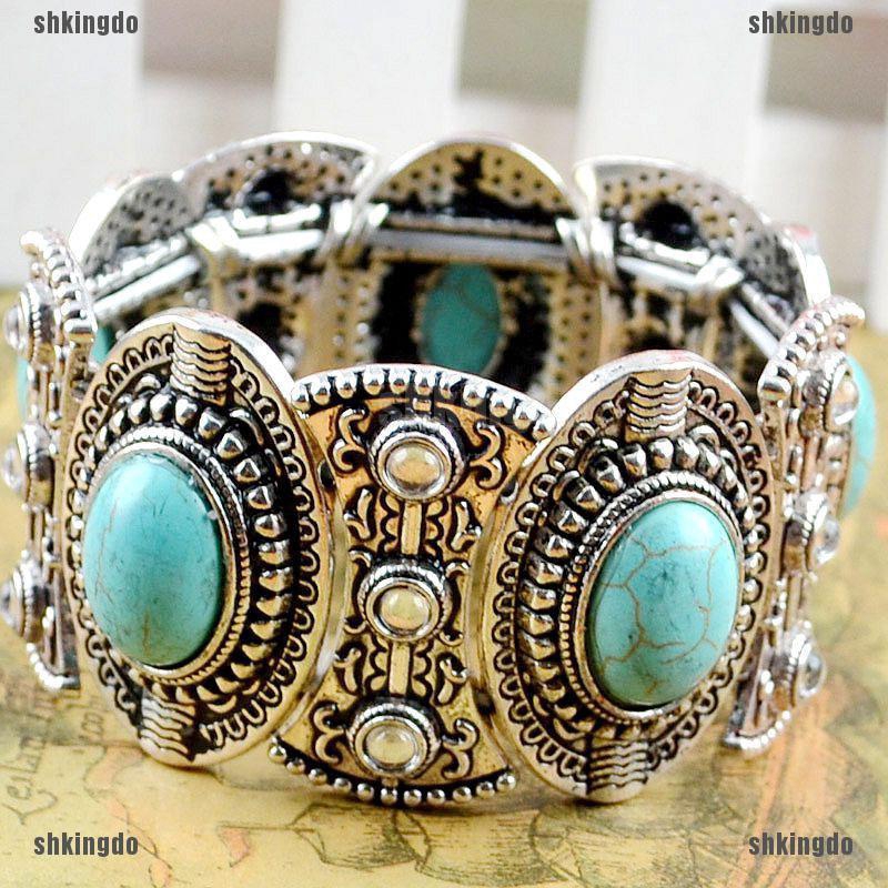 Vòng tay bản lớn đính hạt đá ngọc lam tự nhiên phong cách Boho