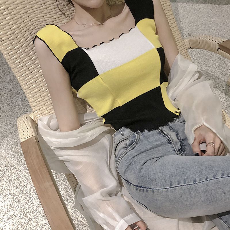 Áo Dệt Kim Không Tay Phối Màu Họa Tiết Caro Phong Cách Âu Mỹ Thời Trang Mùa Hè Cho Nữ